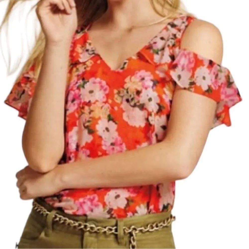 Cabi Cream Orange Lush Floral Cold Shoulder Blouse, size M